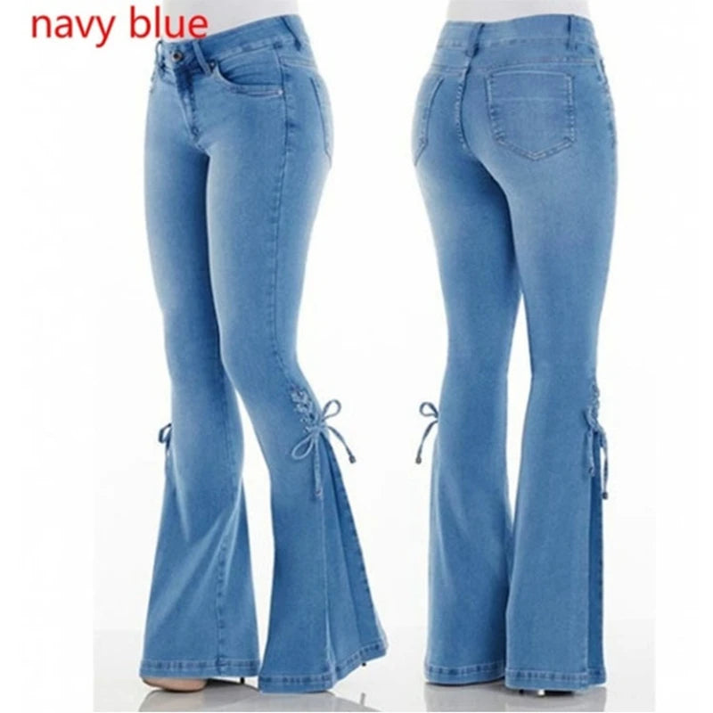 Fashion Mid Waist Denim Flare Pants Women Lace Up Slim-fit Stretch Jeans Wide Leg Trousers Lady Casual Bell-Bottoms