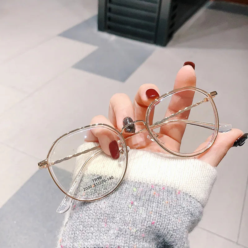 0 -1.0 -1.5 -2.0 To -6.0 Women Fashion Round Myopia Glasses Oversized Eyeglasses Frames Students Metal Anti-blue Clear Glasses