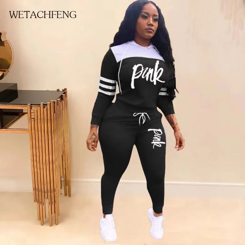 2020 Fashion Pink Letter Print Tracksuits Women Two Piece Set Spring t-shirt Tops and Pants Jogger Set Suits Casual 2pcs Outfits