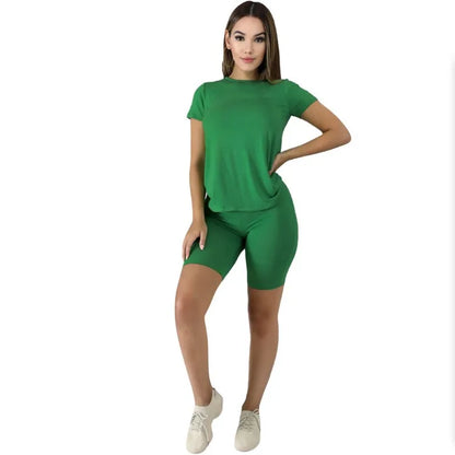 Women Two Pieces Sets Summer Tracksuits Short Sleeve Tops+Jogger Shorts  Fitness Outfit GL5263