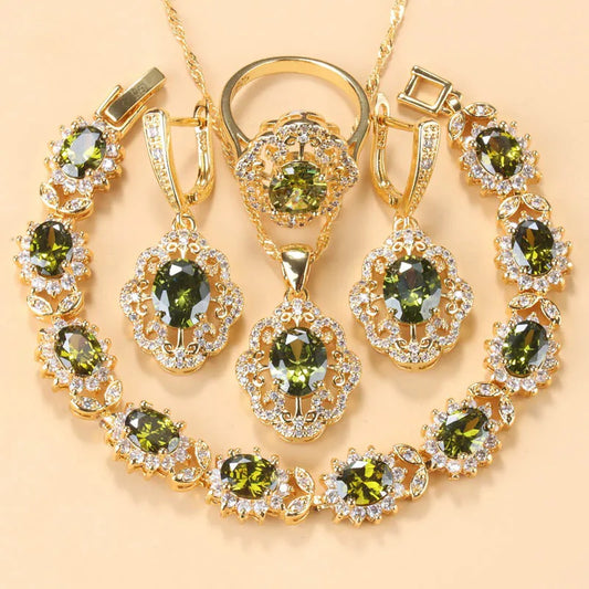 10-Colors Cubic Zirconia Women Accessories 18K Gold Plated Olive Green Zirconia Charm Bracelet And Ring Jewelry Sets