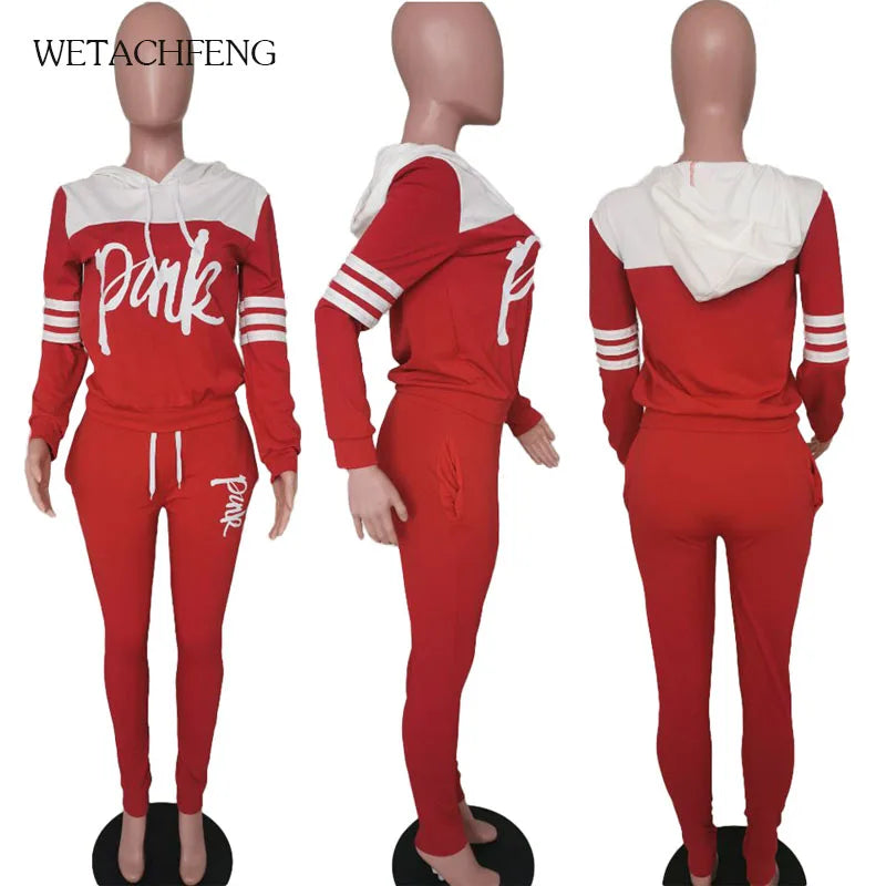 2020 Fashion Pink Letter Print Tracksuits Women Two Piece Set Spring t-shirt Tops and Pants Jogger Set Suits Casual 2pcs Outfits