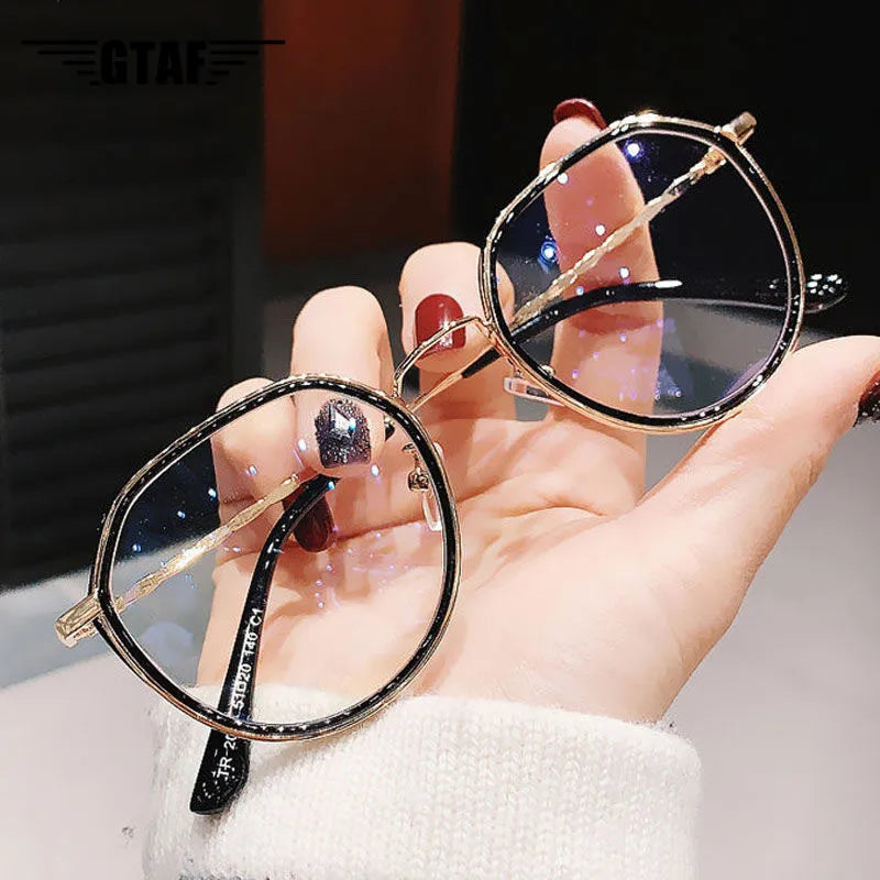 0 -1.0 -1.5 -2.0 To -6.0 Women Fashion Round Myopia Glasses Oversized Eyeglasses Frames Students Metal Anti-blue Clear Glasses