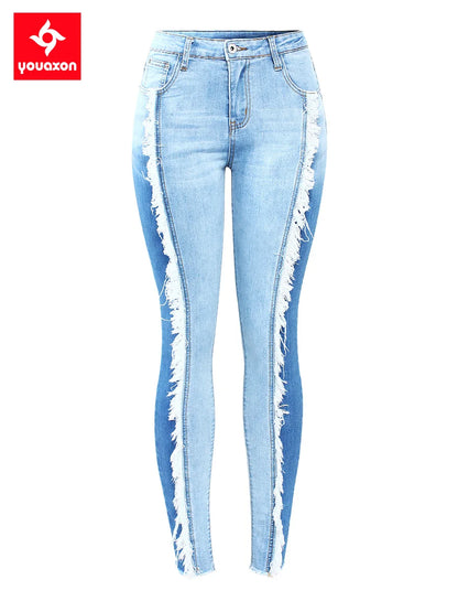 2158 Youaxon Tassel Jeans Woman Stretchy Patchwork Denim Skinny Pencil Pants Trousers For Women