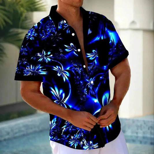 Men's Luminous Floral 3D Digital Print Shirt Hawaiian Style Casual Short Sleeved Top Temu
