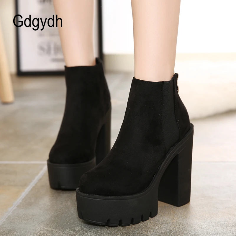 Gdgydh Fashion Black Ankle Boots For Women Thick Heels Spring Autumn Flock Platform Shoes High Heels Black Zipper Ladies Boots