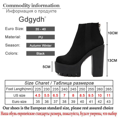 Gdgydh Fashion Black Ankle Boots For Women Thick Heels Spring Autumn Flock Platform Shoes High Heels Black Zipper Ladies Boots