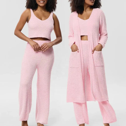 Oem Odm Winter Pajamas Sets for Woman Tank Top Vest and Lounge Wear Three Piece Robes Set Camisole  Long Pants Home Wear Chic Le'Meek