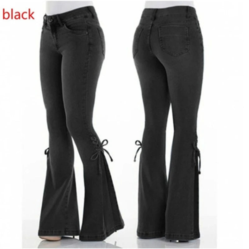 Fashion Mid Waist Denim Flare Pants Women Lace Up Slim-fit Stretch Jeans Wide Leg Trousers Lady Casual Bell-Bottoms