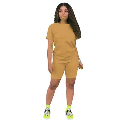 Women Two Pieces Sets Summer Tracksuits Short Sleeve Tops+Jogger Shorts  Fitness Outfit GL5263