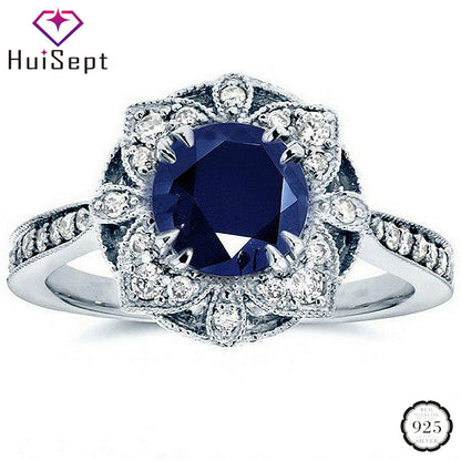 HuiSept Classic 925 Silver Jewelry Ring Sapphire Emerald Zircon Gemstones Flower Shaped Rings for Women Wedding Gift Wholesale