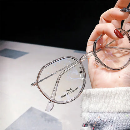 0 -1.0 -1.5 -2.0 To -6.0 Women Fashion Round Myopia Glasses Oversized Eyeglasses Frames Students Metal Anti-blue Clear Glasses