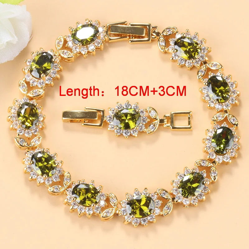 10-Colors Cubic Zirconia Women Accessories 18K Gold Plated Olive Green Zirconia Charm Bracelet And Ring Jewelry Sets