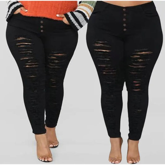 Plus Size Button Up Ripped Skinny Stretchy Black Jeans Long Denim wear