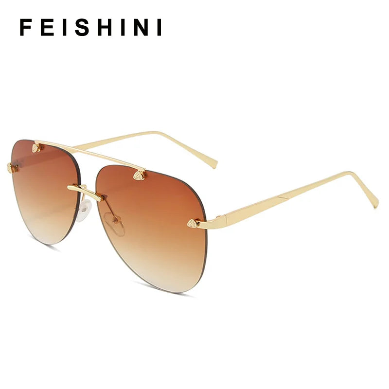 FEISHINI Brand Metal Rimless Sunglasses Men Mirror Fashion 2024 Trendy Pilot Womens Sun Glasses UV Protector Gradient Eyewear