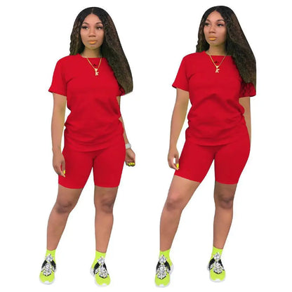 Women Two Pieces Sets Summer Tracksuits Short Sleeve Tops+Jogger Shorts  Fitness Outfit GL5263