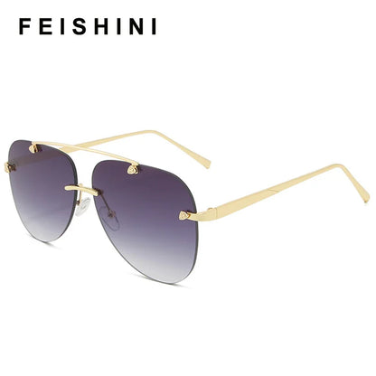 FEISHINI Brand Metal Rimless Sunglasses Men Mirror Fashion 2024 Trendy Pilot Womens Sun Glasses UV Protector Gradient Eyewear