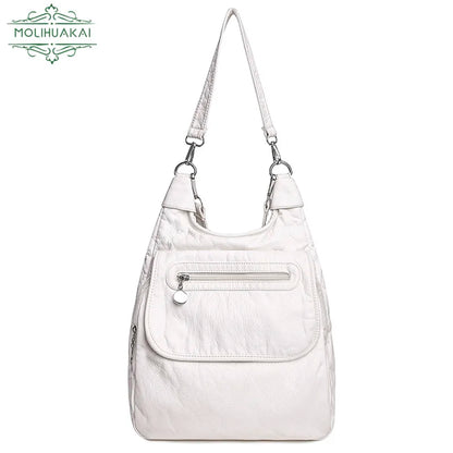 White Backpacks Fashion Soft Washed PU Leather Shoulder Bags Anti-thief Backpack Large Capacity School Bag for Teenager Girls