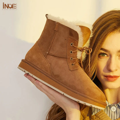 INOE Women Fashion Casual Short Winter Snow Boots Sheepskin Suede Leather Natural Sheep Wool Fur Lined Warm Shoes Waterproof