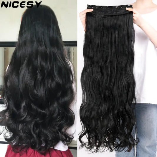 NICESY Synthetic Long Wavy 5 Clips Hair Extensions 22Inch/32Inch Clip On Hair Extensions High Tempreture Fake For Women Chic Le'Meek