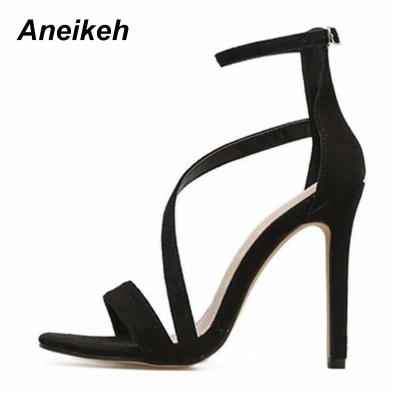 Aneikeh New Fashion Sexy Design Women Narrow Band Buckle Thin High Heels Black Faux Suede Open Toe Dress Sandals Shoe 35-42