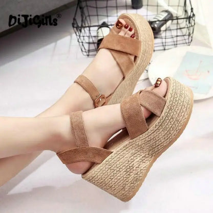 Summer Buckle Women's Sandals Velvet Flock Fish Mouth Fashion high Heel Platform Open Toes Women Sandals Shoes Drop Shipping