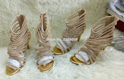 Luxurious Bling Bling Gold Crystal Sandals Thin Strappy Gladiator Sandal Shoes Stiletto Heel Wedding Pump Rhinestone Cage Sandal