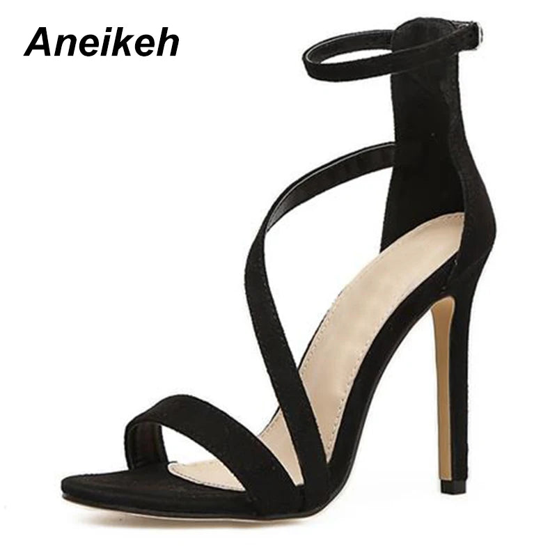 Aneikeh New Fashion Sexy Design Women Narrow Band Buckle Thin High Heels Black Faux Suede Open Toe Dress Sandals Shoe 35-42