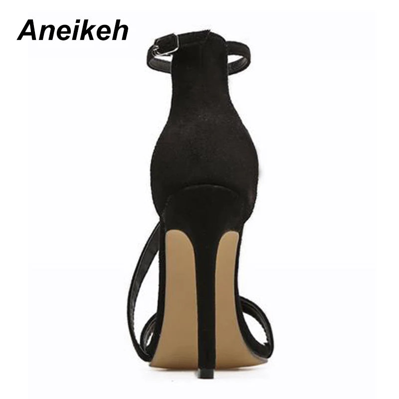 Aneikeh New Fashion Sexy Design Women Narrow Band Buckle Thin High Heels Black Faux Suede Open Toe Dress Sandals Shoe 35-42