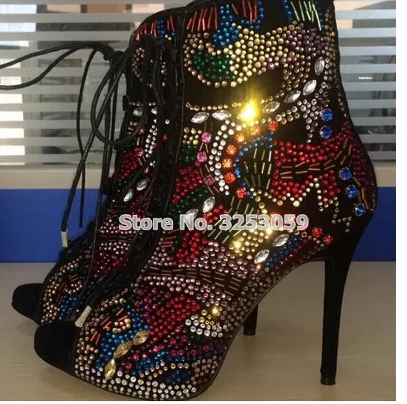 Women Multi-color Crystal Ankle Boots Open Toe Lace-up Exquisite Colorized Rhinestone Booties Extremely High Heels Wedding Shoes