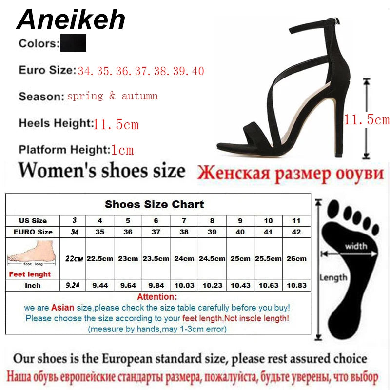 Aneikeh New Fashion Sexy Design Women Narrow Band Buckle Thin High Heels Black Faux Suede Open Toe Dress Sandals Shoe 35-42