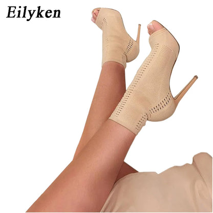 Eilyken Green Knitting Elastic Womens Sock Ankle Boots Open Toe High Heels Fashion Ladies Pumps Pole Dancing Shoes Size 42