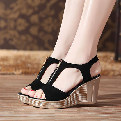 LAKESHI Women Sandals Wedge Sandals Platform Zip Summer Women Shoes Black Peep Toe Ladies Sandals 2023 Women Shoes Big Size 43