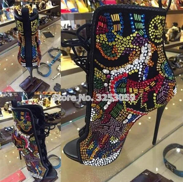 Women Multi-color Crystal Ankle Boots Open Toe Lace-up Exquisite Colorized Rhinestone Booties Extremely High Heels Wedding Shoes