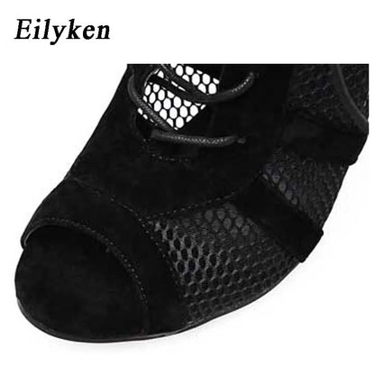 Eilyken Fashion Black Summer Sandals Lace Up Cross-tied Peep Toe High Heel Ankle Strap Net Surface Hollow Out Shoes