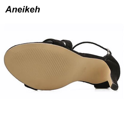 Aneikeh New Fashion Sexy Design Women Narrow Band Buckle Thin High Heels Black Faux Suede Open Toe Dress Sandals Shoe 35-42