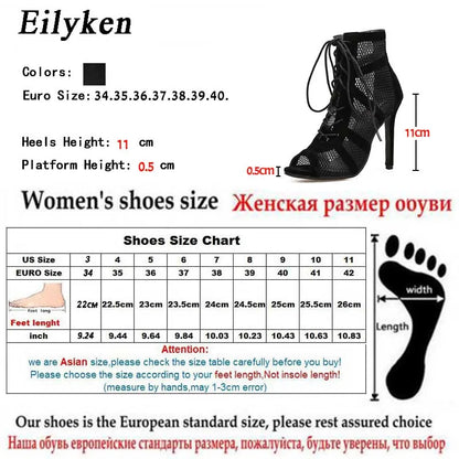 Eilyken Fashion Black Summer Sandals Lace Up Cross-tied Peep Toe High Heel Ankle Strap Net Surface Hollow Out Shoes