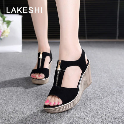 LAKESHI Women Sandals Wedge Sandals Platform Zip Summer Women Shoes Black Peep Toe Ladies Sandals 2023 Women Shoes Big Size 43