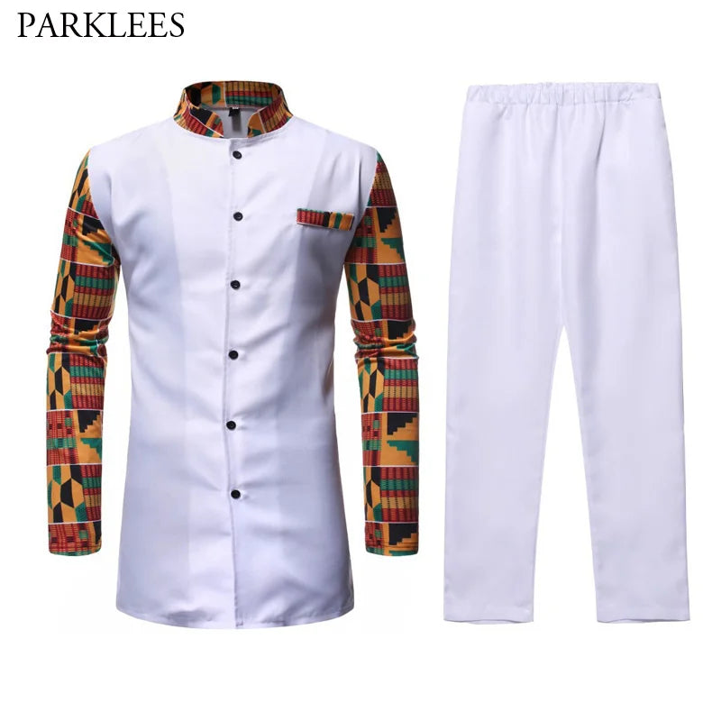 Set 2 Piece Outfit Set African Men Clothes 2019 Brand New Long Sleeve Dashiki Shirt with Trouser