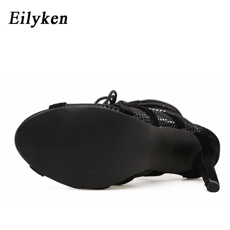 Eilyken Fashion Black Summer Sandals Lace Up Cross-tied Peep Toe High Heel Ankle Strap Net Surface Hollow Out Shoes