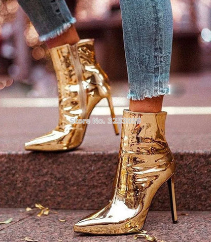 Women Sexy Pointed Toe Gold Silver Patent Leather Ankle Boots Metallic Glossy Stiletto Heels Dress Shoes Gladiator Banquet Pumps