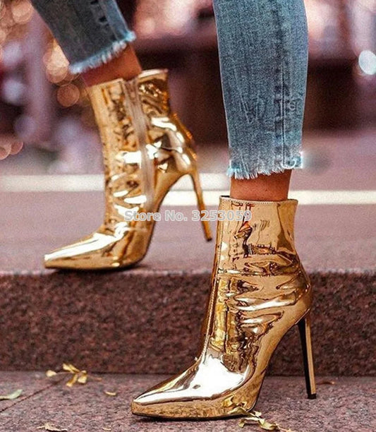 Women Sexy Pointed Toe Gold Silver Patent Leather Ankle Boots Metallic Glossy Stiletto Heels Dress Shoes Gladiator Banquet Pumps