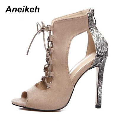 Aneikeh 2024 Spring Woman Shoes Snake Grain Splicing Strap Sandals Fashion Show 35-42 Rome Ankle Strap Open Toe Party Sandals