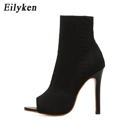 Eilyken Green Knitting Elastic Womens Sock Ankle Boots Open Toe High Heels Fashion Ladies Pumps Pole Dancing Shoes Size 42