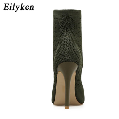 Eilyken Green Knitting Elastic Womens Sock Ankle Boots Open Toe High Heels Fashion Ladies Pumps Pole Dancing Shoes Size 42