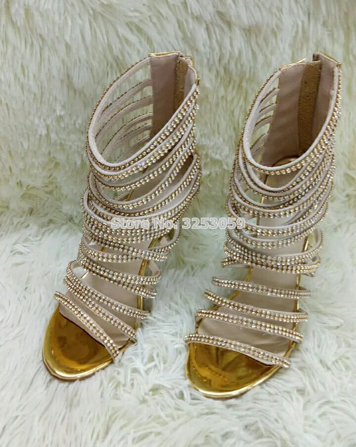 Luxurious Bling Bling Gold Crystal Sandals Thin Strappy Gladiator Sandal Shoes Stiletto Heel Wedding Pump Rhinestone Cage Sandal