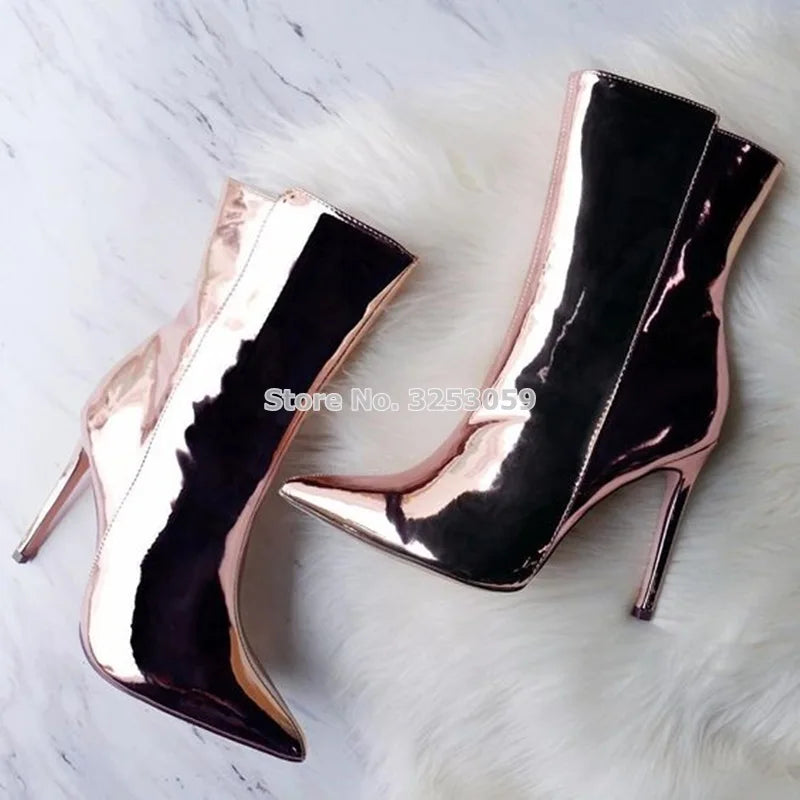 Women Sexy Pointed Toe Gold Silver Patent Leather Ankle Boots Metallic Glossy Stiletto Heels Dress Shoes Gladiator Banquet Pumps