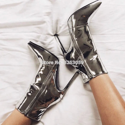 Women Sexy Pointed Toe Gold Silver Patent Leather Ankle Boots Metallic Glossy Stiletto Heels Dress Shoes Gladiator Banquet Pumps