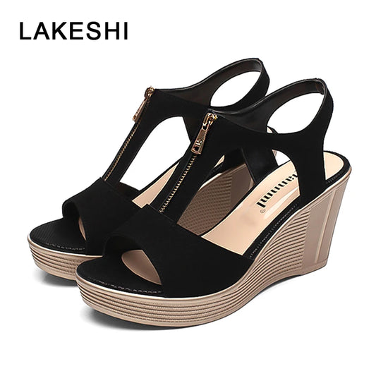 LAKESHI Women Sandals Wedge Sandals Platform Zip Summer Women Shoes Black Peep Toe Ladies Sandals 2023 Women Shoes Big Size 43