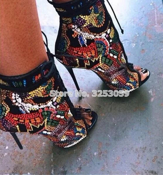 Women Multi-color Crystal Ankle Boots Open Toe Lace-up Exquisite Colorized Rhinestone Booties Extremely High Heels Wedding Shoes